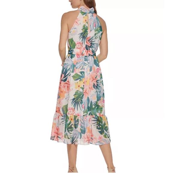ELIZA J Dress 12 Midi Halter Floral Keyhole Button Neck Closure Ruffle Hem Lined - Picture 3 of 16